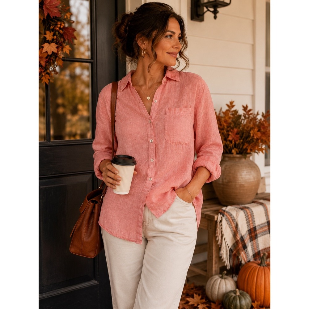 Sigrid Olsen Womens Large Coral Pink 100% Linen Button Down Shirt High Low Hem